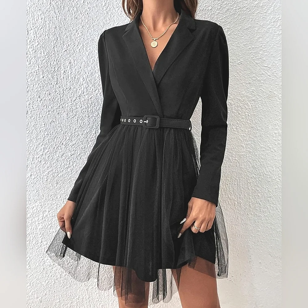 * New Chic Belted Blazer Tulle Skirt Dress Black